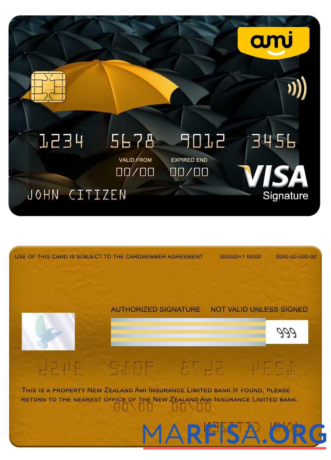 Blank New Zealand Ami Insurance Limited bank visa signature card download for verification